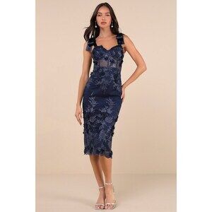 Lulus Exquisite Charisma Navy 3d Floral Bustier Tie-strap Midi Dress Blue